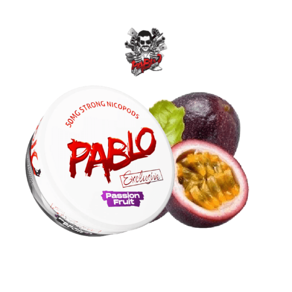 Bolsas de nicotina de fruta de la pasión PABLO Exclusive snus. Cada caja contiene 20 pouches con 30 mg de nicotina por bolsa y un sabor a fruta de la pasión.