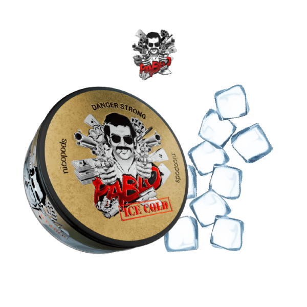 Bolsas de nicotina Ice Cold PABLO snus. Cada caja contiene 20 pouches con 24 mg de nicotina por bolsa y un sabor ice cold refrescante.