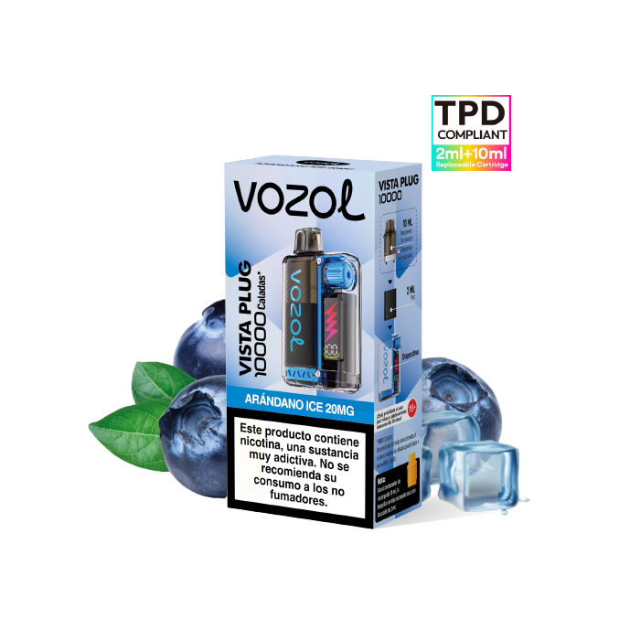 VOZOL Vista Plug Kit Starter 10.000 puffs (2ml + 10ml) precargado 20mg/ml nicotina – Arándano Ice Pack