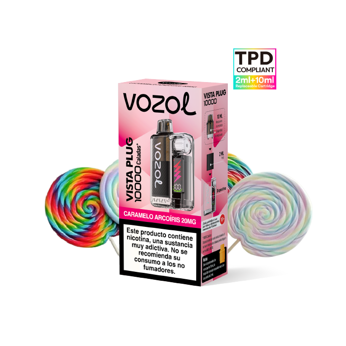 VOZOL Vista Plug Kit Starter 10.000 puffs (2ml + 10ml) precargado 20mg/ml nicotina – Caramelo Arcoíris Pack