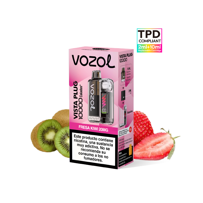 VOZOL Vista Plug Kit Starter 10.000 puffs (2ml + 10ml) precargado 20mg/ml nicotina – Fresa Kiwi Pack