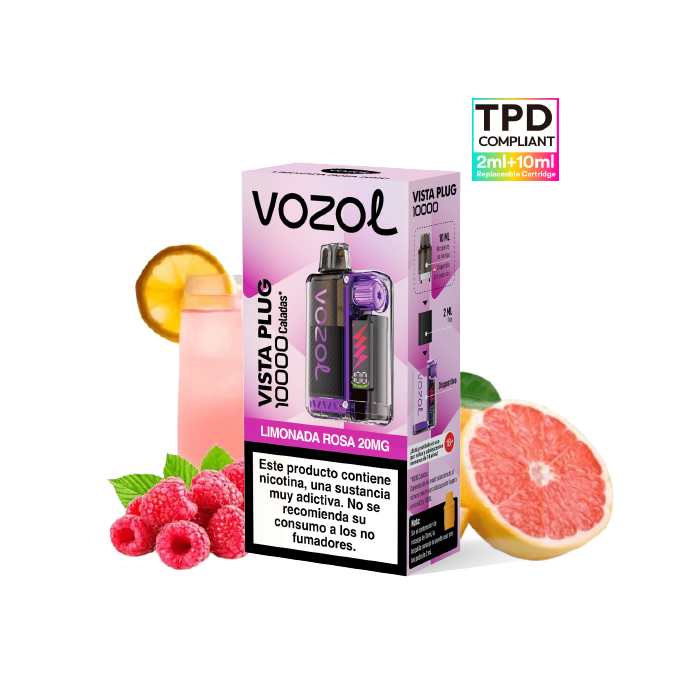 VOZOL Vista Plug Kit Starter 10.000 puffs (2ml + 10ml) precargado 20mg/ml nicotina – Limonada Rosa Pack