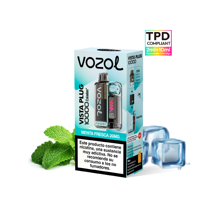 VOZOL Vista Plug Kit Starter 10.000 puffs (2ml + 10ml) precargado 20mg/ml nicotina – Menta Fresca Pack