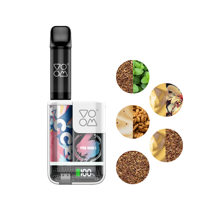 Pod Mod II VOOM + 5 cápsulas dif. sabor x 600 (3.000 puffs) y 20 mg/ml nicotina – Tabaco Serie